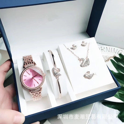 Luxury Casual Diamond Quartz Watch Swan Set Five-Piece